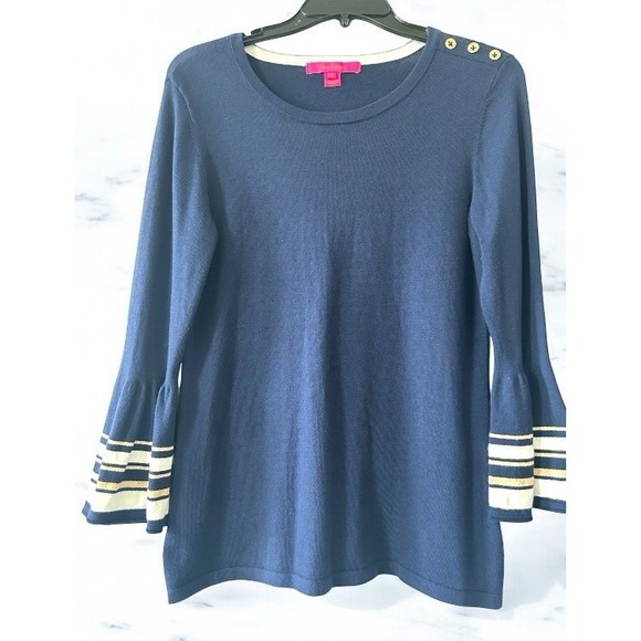 Lily Pulitzer Navy Blue Pullover Sweater 3/4 Bell Sleeve Gold Detail Size Medium - Picture 9 of 10